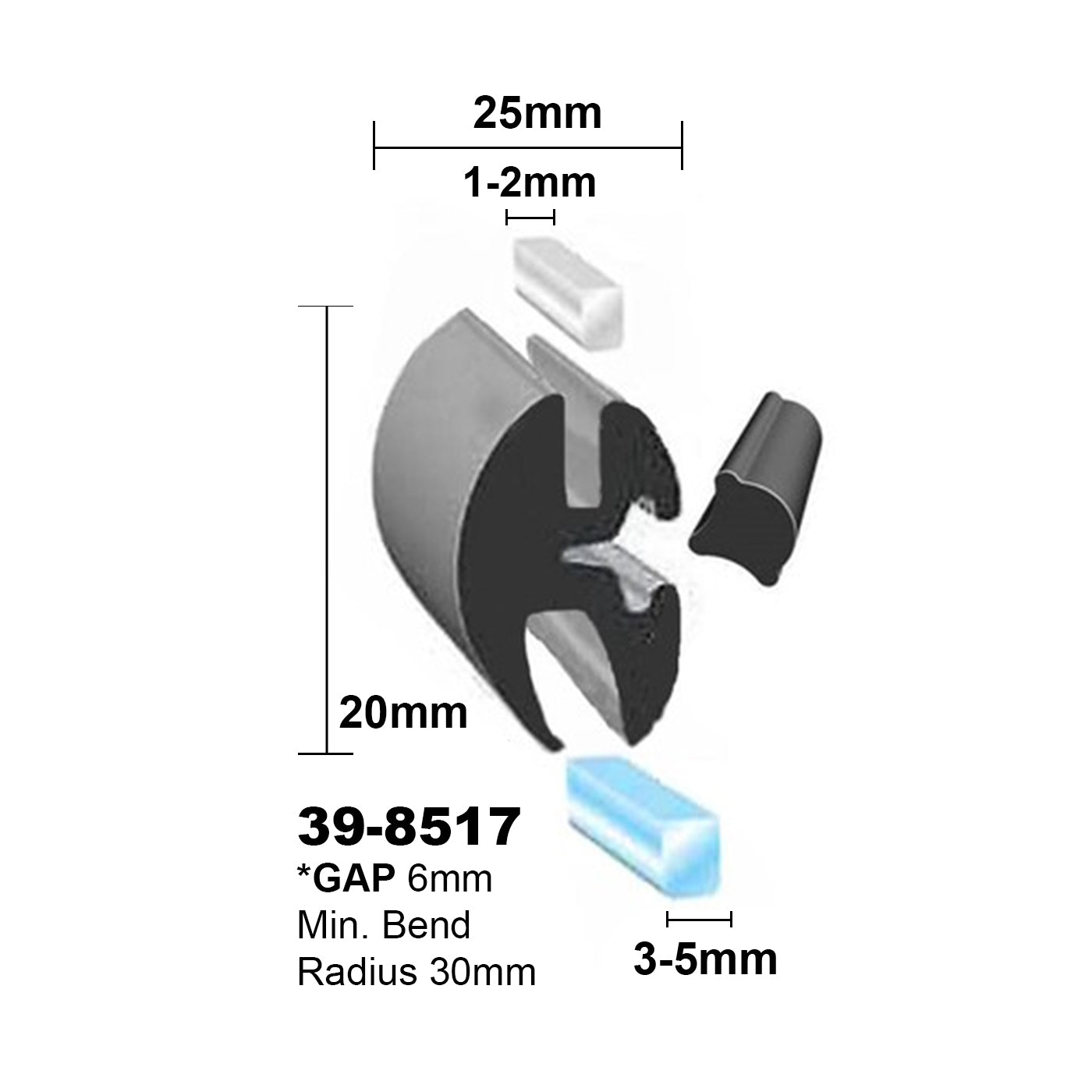 Windscreen Rubber 5mmG x 1-2mmM x 6mm Gap (inc Key) per mtr