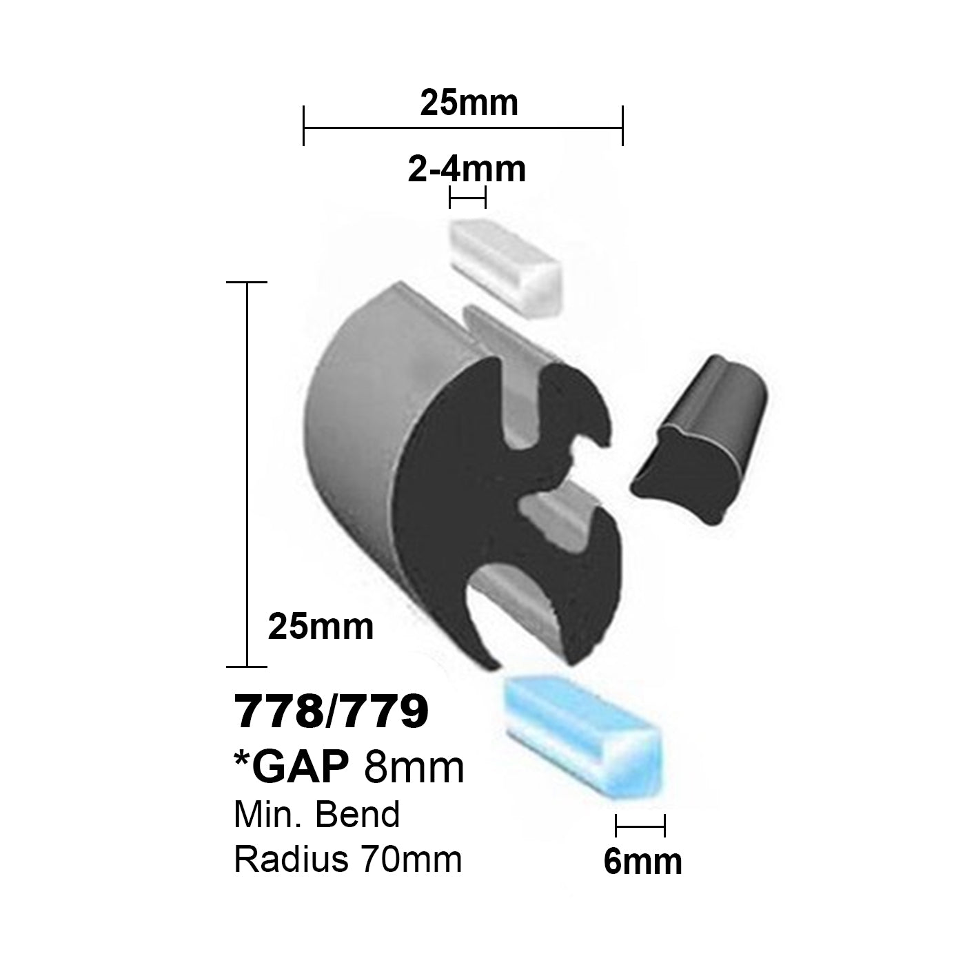 Windscreen Rubber 6mmG x 2-4mmM x 8mm Gap (inc Key) per mtr (WSL)