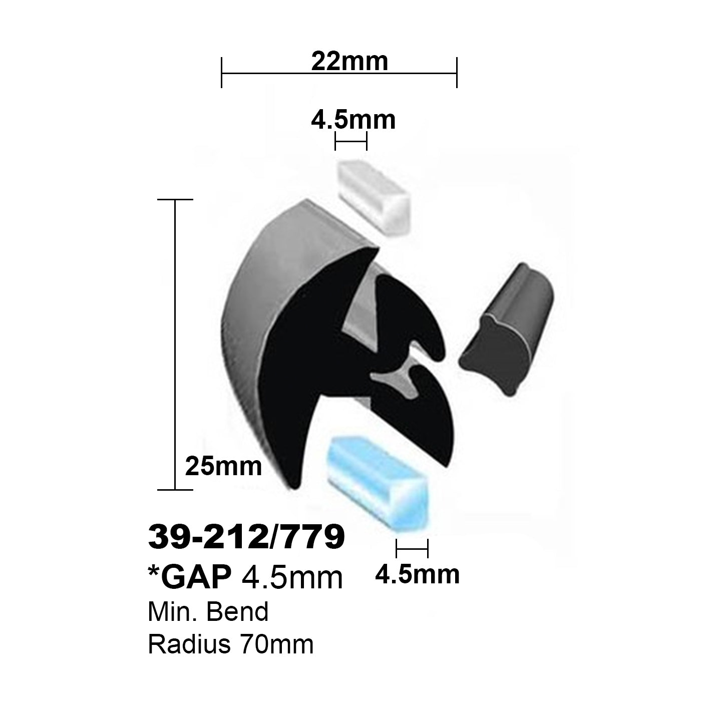 Windscreen Rubber 4.5mmG x 4.5mmM x 4.5mm Gap (inc Key) per mtr