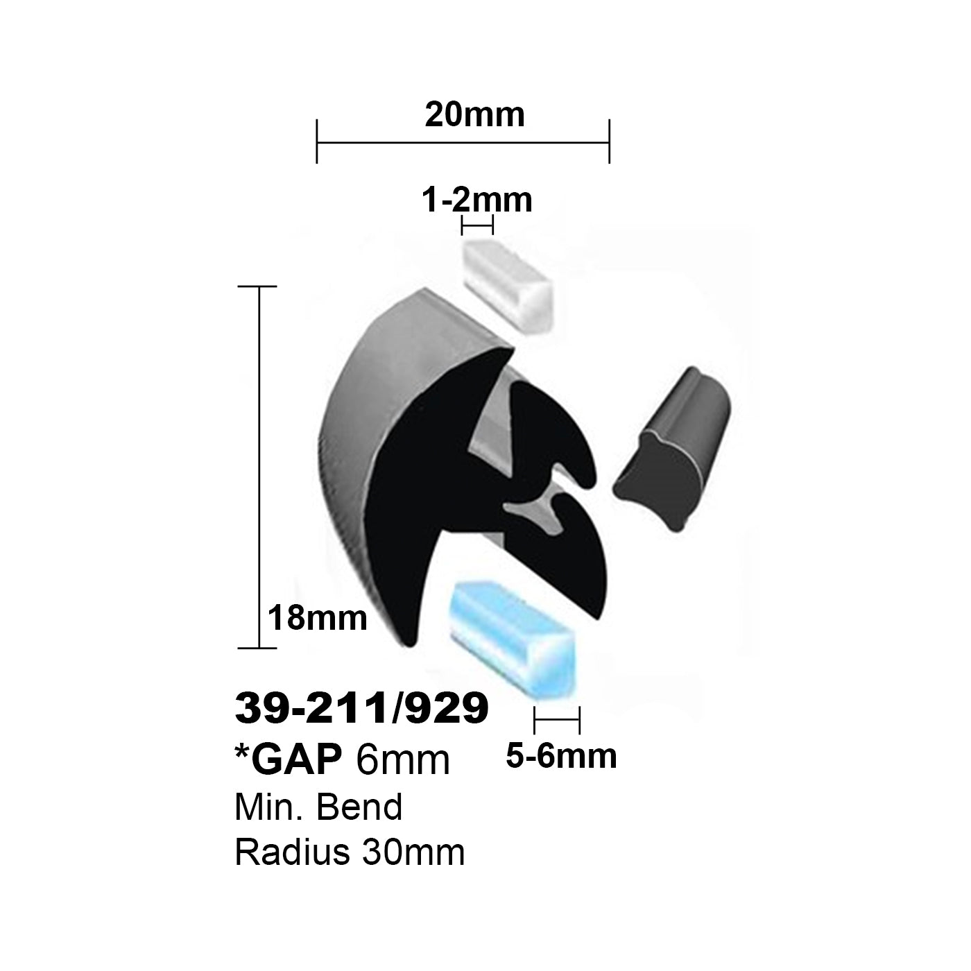 Windscreen Rubber 6mmG x 1-2mmM x 6mm Gap (inc Key) per mtr