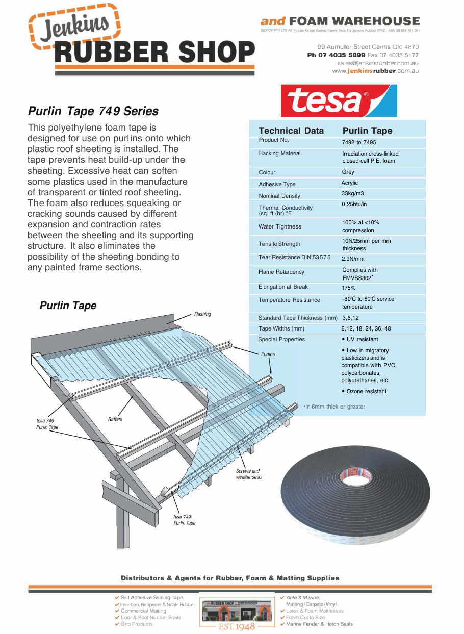 Jenkins Rubber tesa 749 purlin tape manufacturer flyer showing roof-sheet and purlin installation